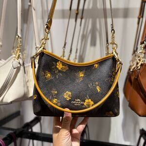 Coach Laurel Small Shoulder Bag Signature Canvas With Floral CCF17 Walnut/Yellow
